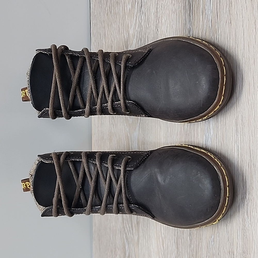 Dr. Martens Women Maelly Dark Brown Leather Boots w/Herringbone Tweed Cuff 6 - Picture 5 of 12